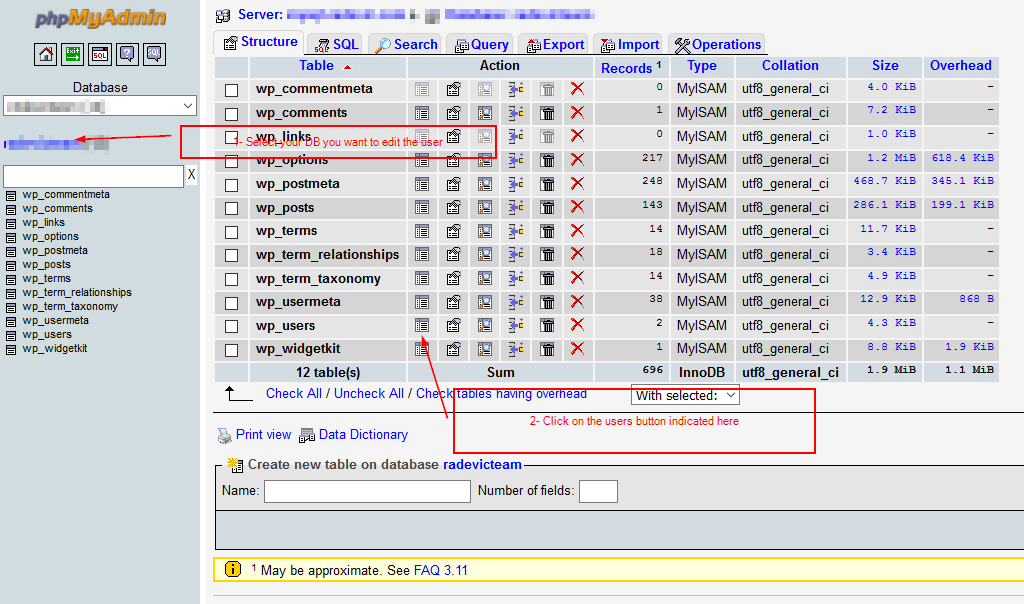 Change WP user data using PhpMyAdmin Step 1