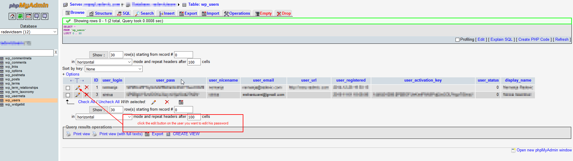 Change WP user data using PhpMyAdmin Step 2