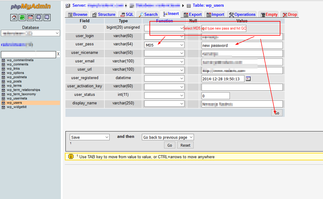 Change WP user data using PhpMyAdmin Step 2